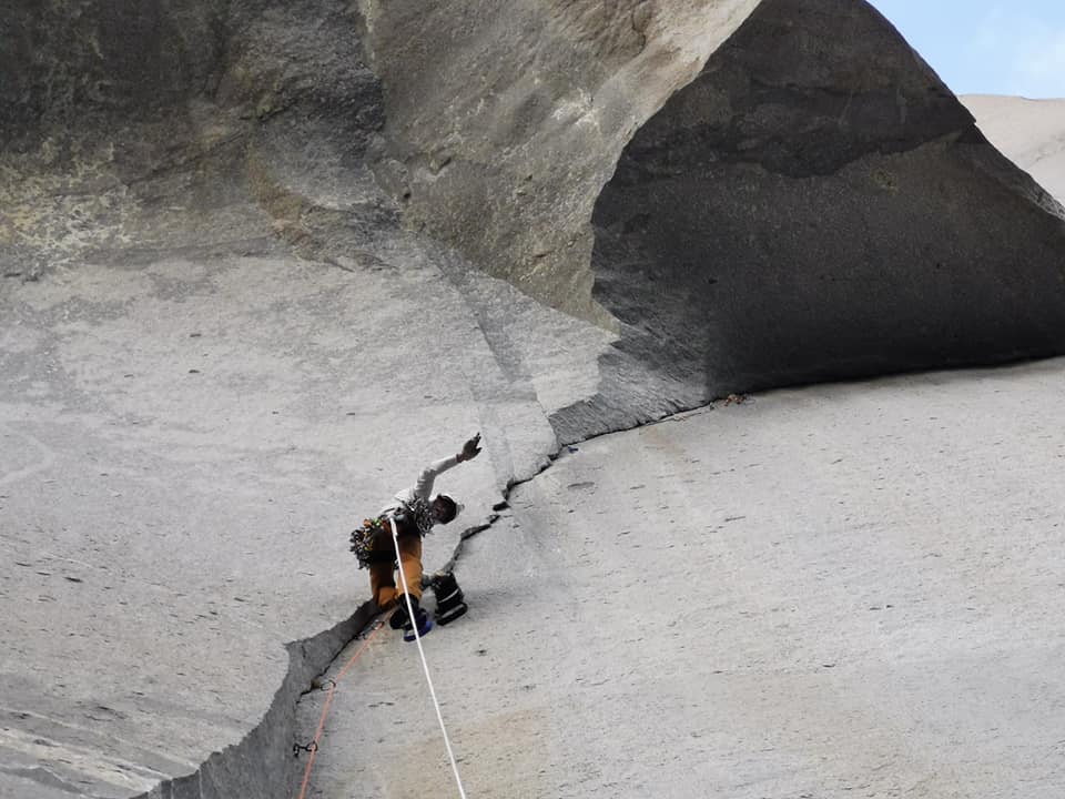 Cait Horan, Greg Fisher, and Peter Blunt climbing the Nose on El Capitan, September 2019.